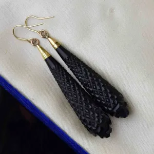 Antique Victorian Gold Carved Whitby Jet Earrings