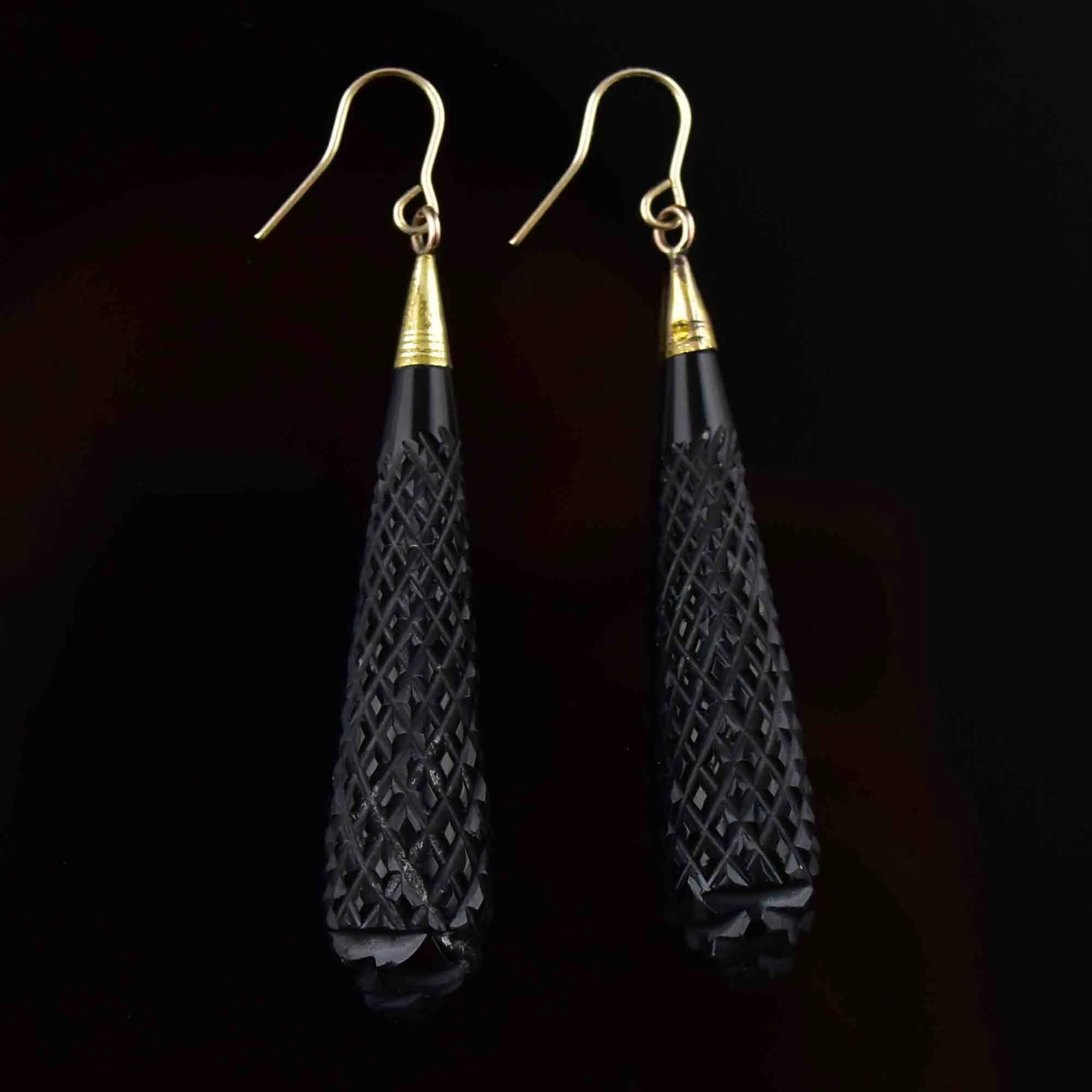 Antique Victorian Gold Carved Whitby Jet Earrings