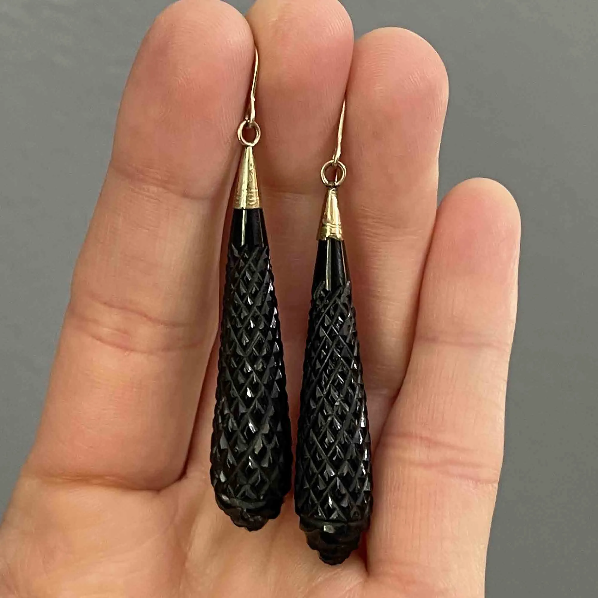 Antique Victorian Gold Carved Whitby Jet Earrings