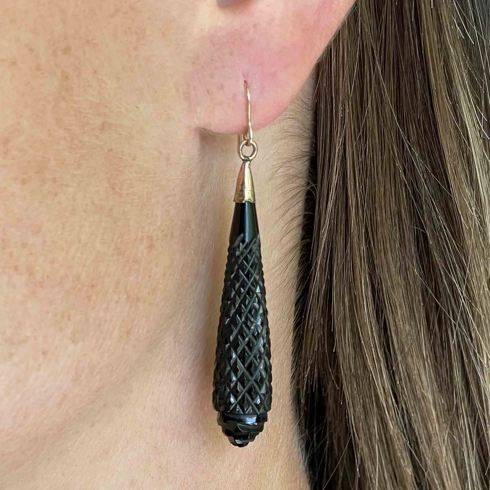 Antique Victorian Gold Carved Whitby Jet Earrings