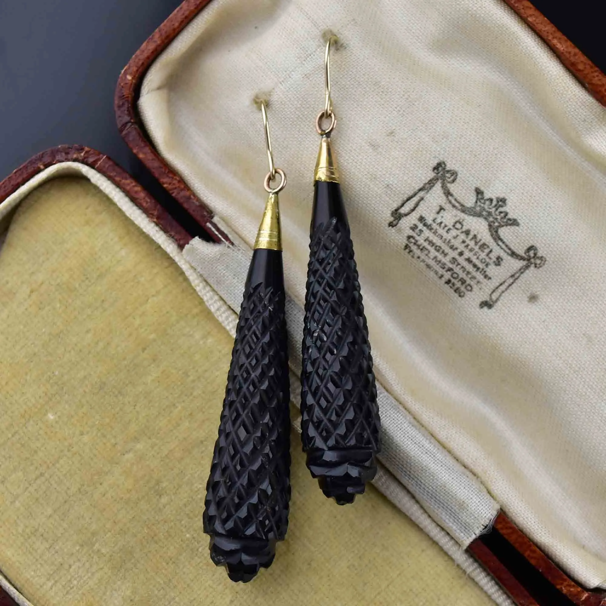 Antique Victorian Gold Carved Whitby Jet Earrings