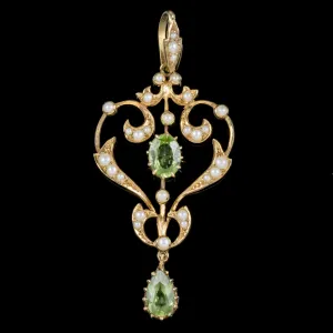 Antique Victorian Peridot Pearl Pendant 15Ct Gold Circa 1900