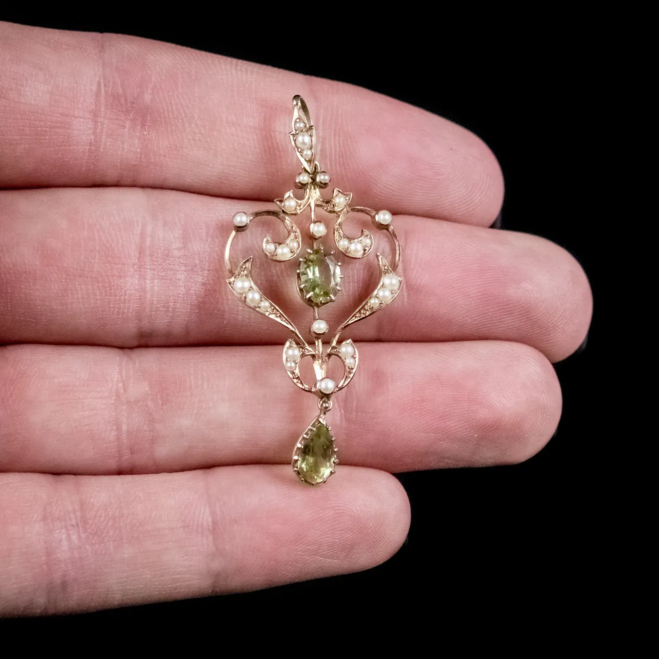 Antique Victorian Peridot Pearl Pendant 15Ct Gold Circa 1900