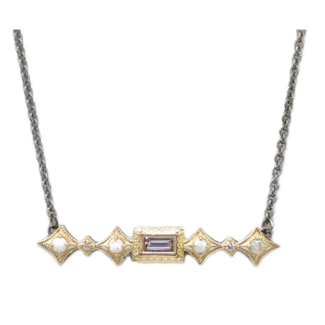 Armenta 18K Yellow Gold and Grey Sterling Silver Crivelli Necklace with White Diamonds, Opals, and Morganite