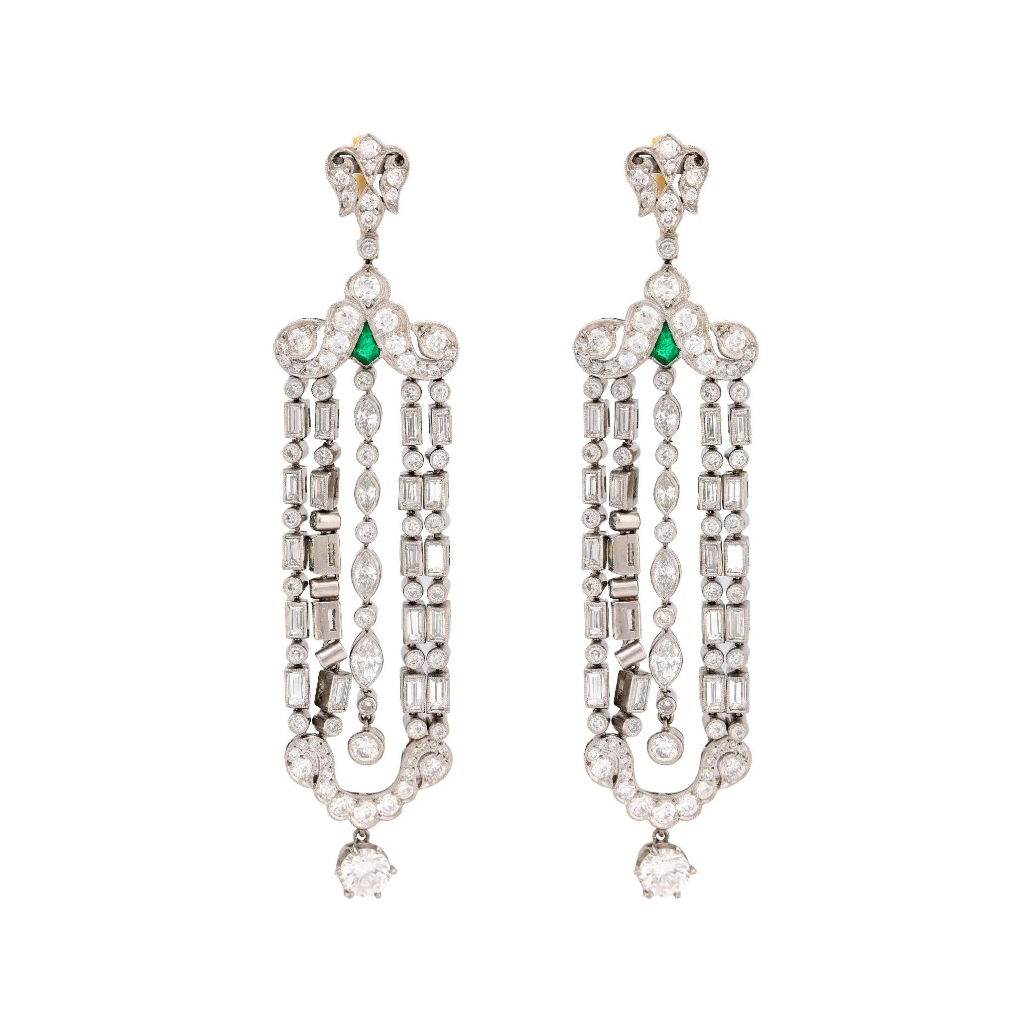 Art Deco inspired 9.2 carat diamond emerald platinum chandelier earrings