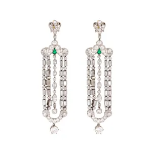 Art Deco inspired 9.2 carat diamond emerald platinum chandelier earrings