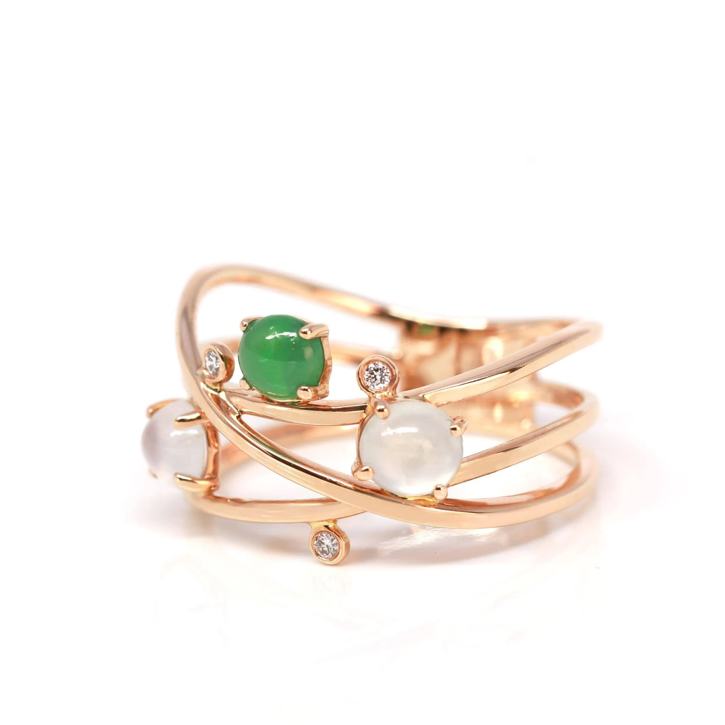 Baikalla™ "Bubble Collection" 18k Rose Gold Natural Ice/ Multi-Colored Jadeite Ring With Diamonds