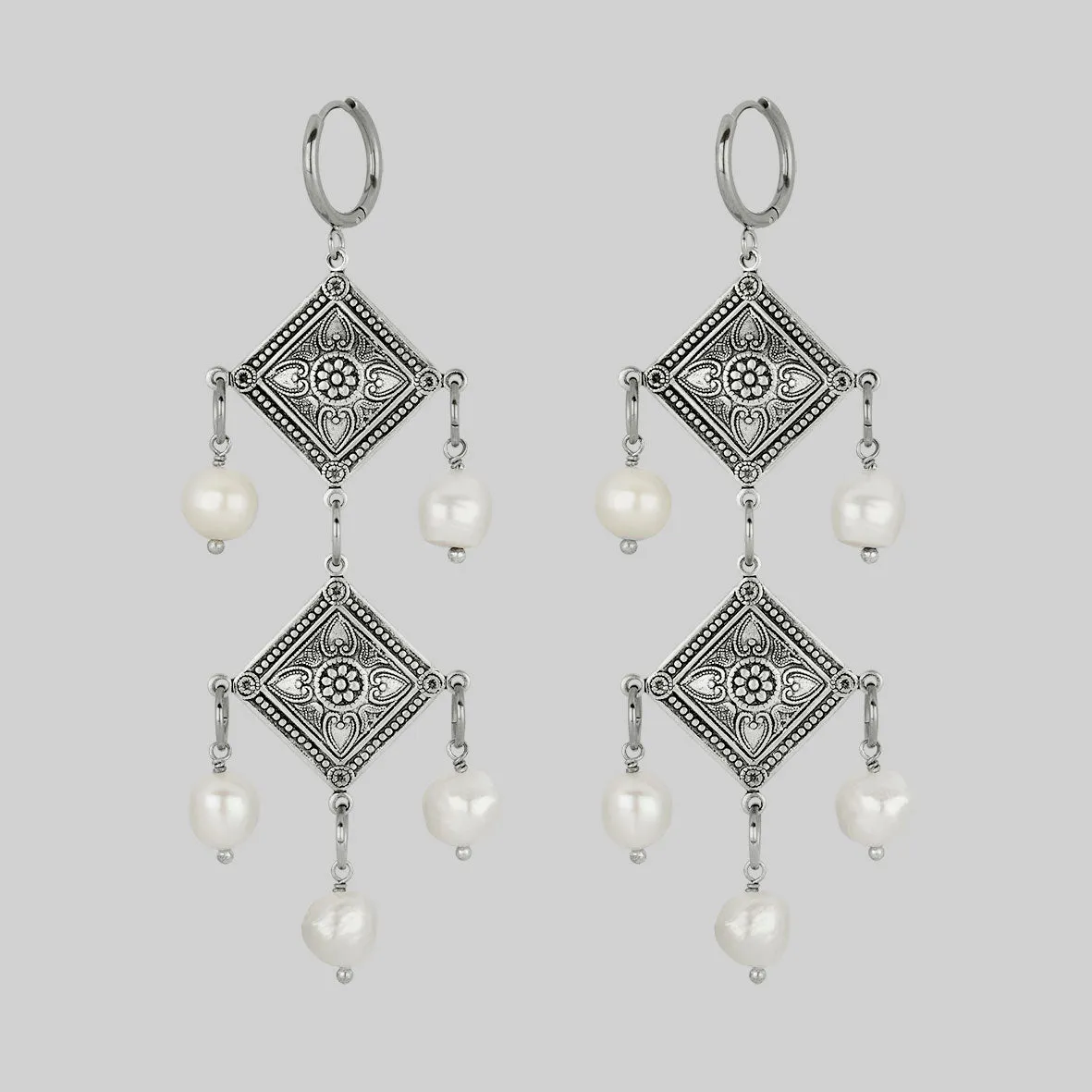 BANQUET. Pearl Chandelier Hoop Earrings - Silver