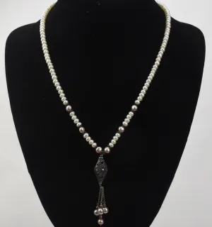 Beautiful Vintage Art Deco White and Pink Pearl Sterling Silver Marcasite Pendant Necklace