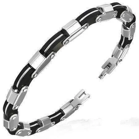 Bike Chain Stainless Steel Black Rubber Men's Bracelet