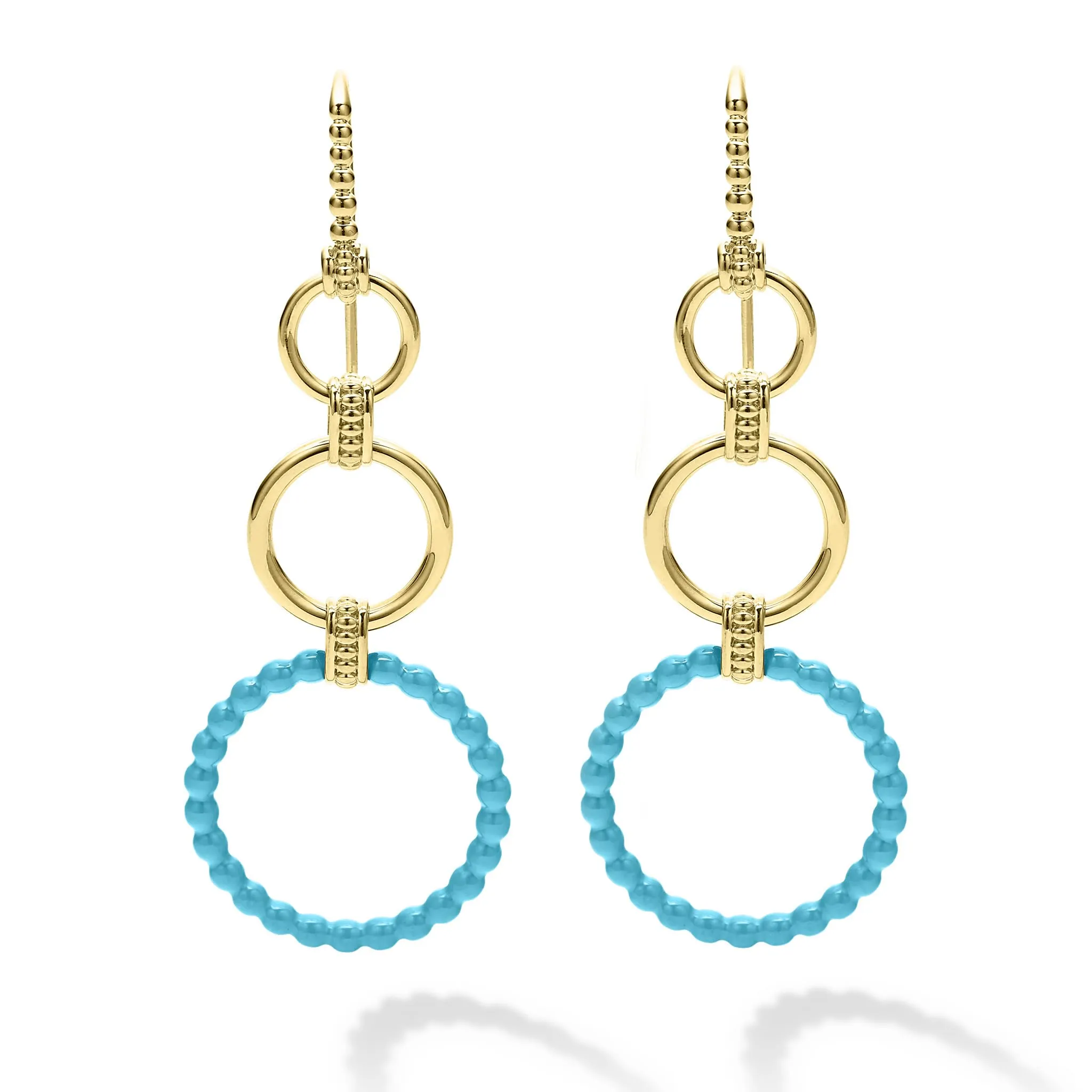 Blue Caviar Three Gold and Blue Ceramic Circle Drop Earrings