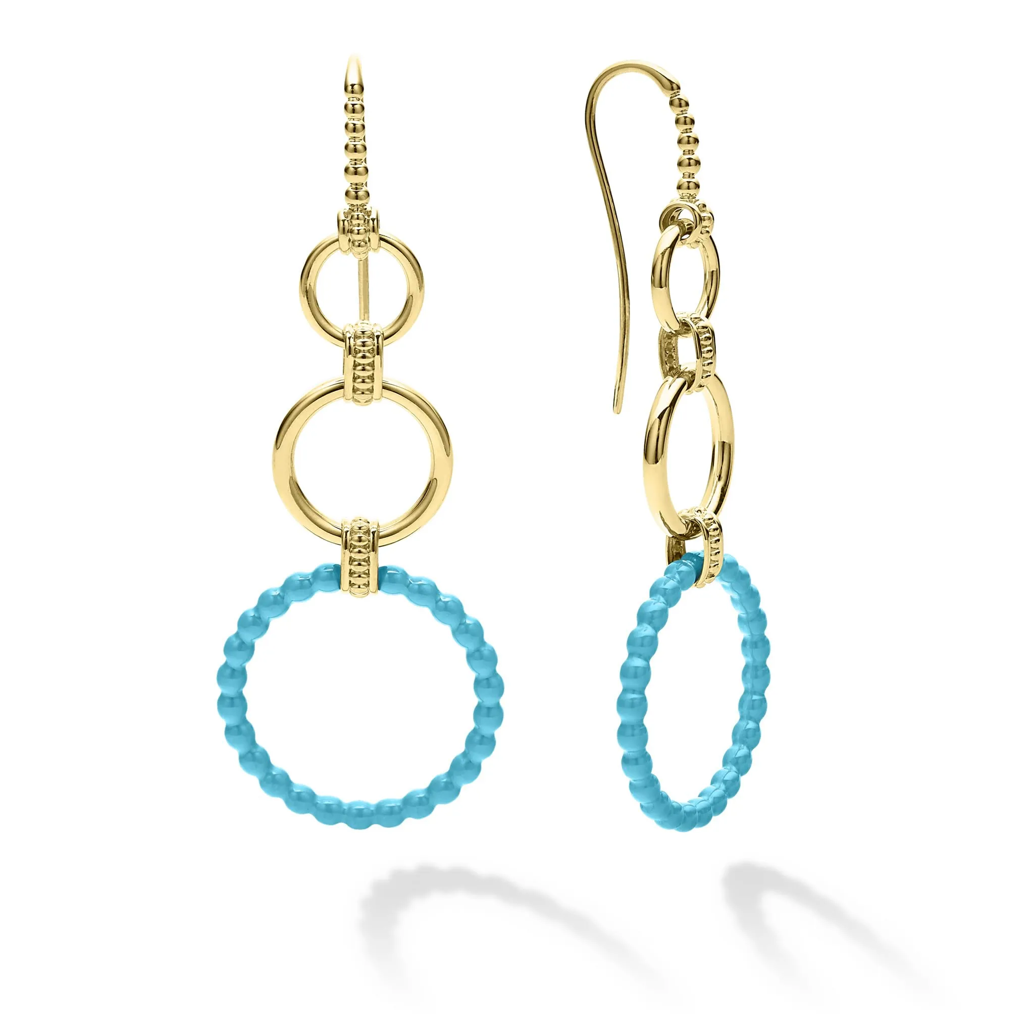 Blue Caviar Three Gold and Blue Ceramic Circle Drop Earrings