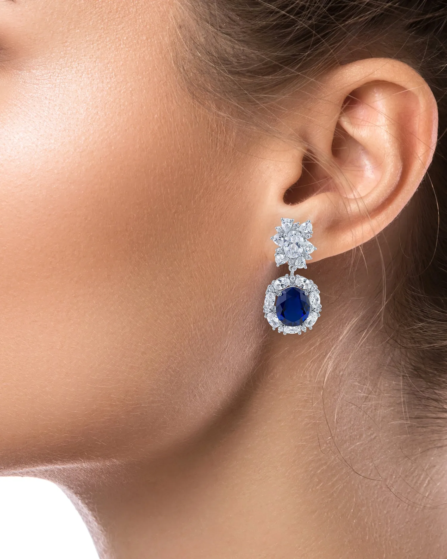 Blue Sapphire CZ Oval Statement Earrings