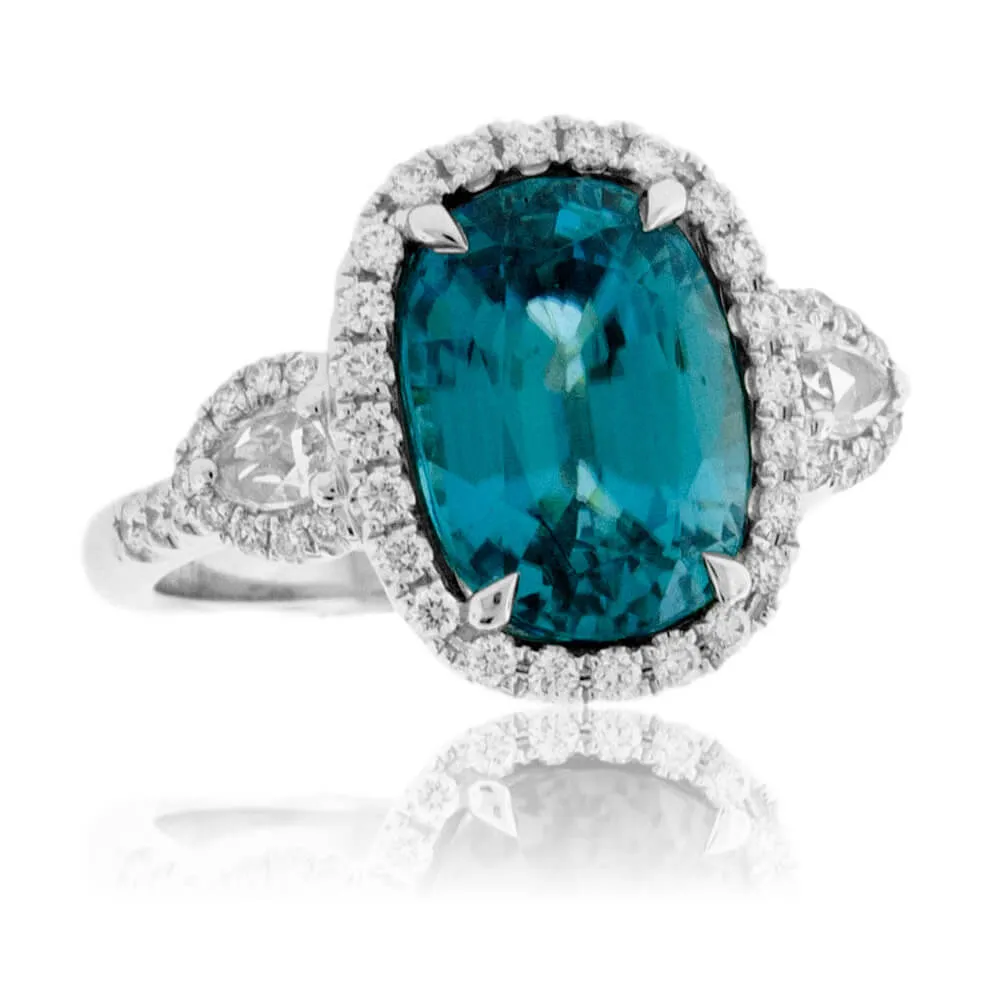 Blue Zircon & Diamond Halo Three Stone Ring