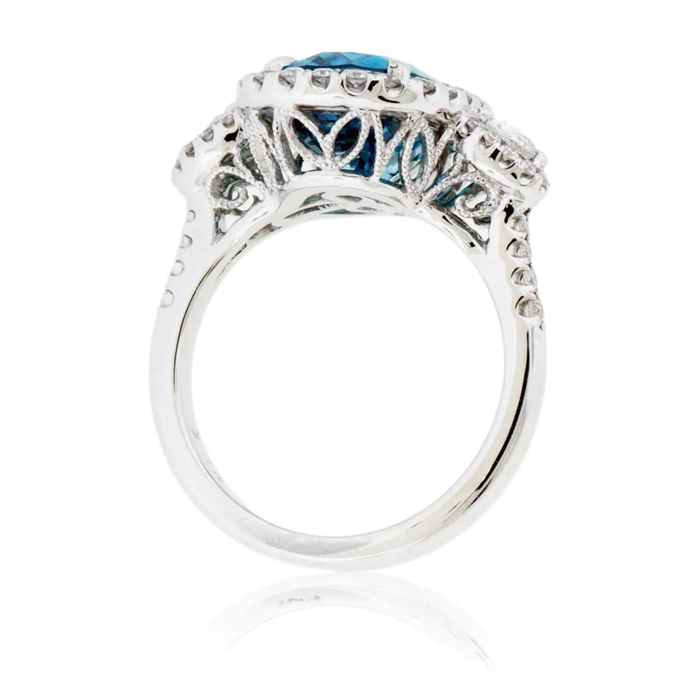 Blue Zircon & Diamond Halo Three Stone Ring