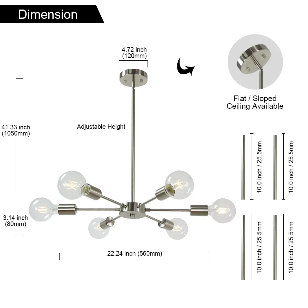 BONLICHT Modern Sputnik Chandelier Lighting 6 Lights Brushed Nickel