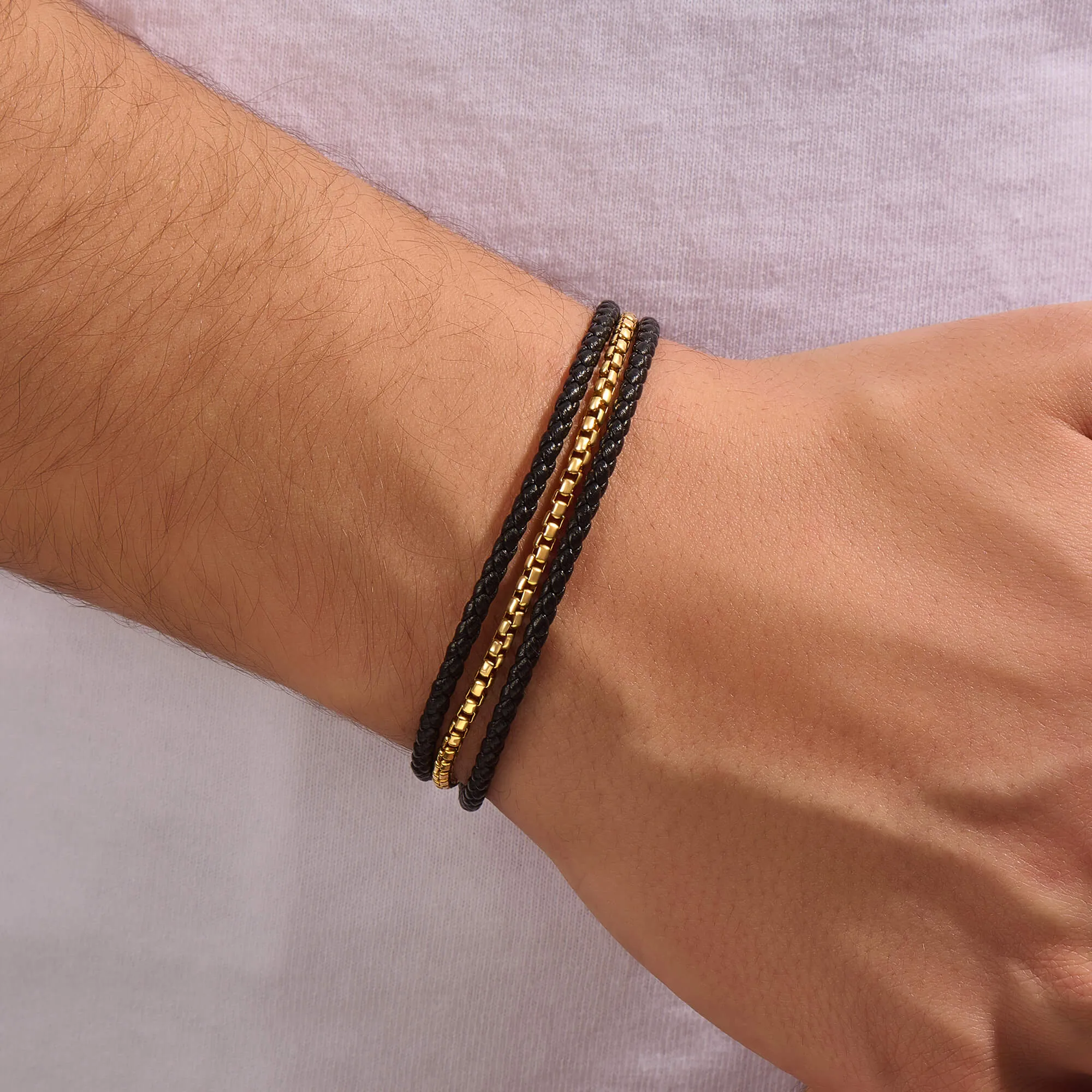 Box Chain & Leather Wrap Bracelet in Gold