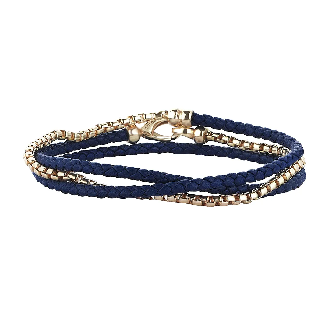 Box Chain & Leather Wrap Bracelet in Gold