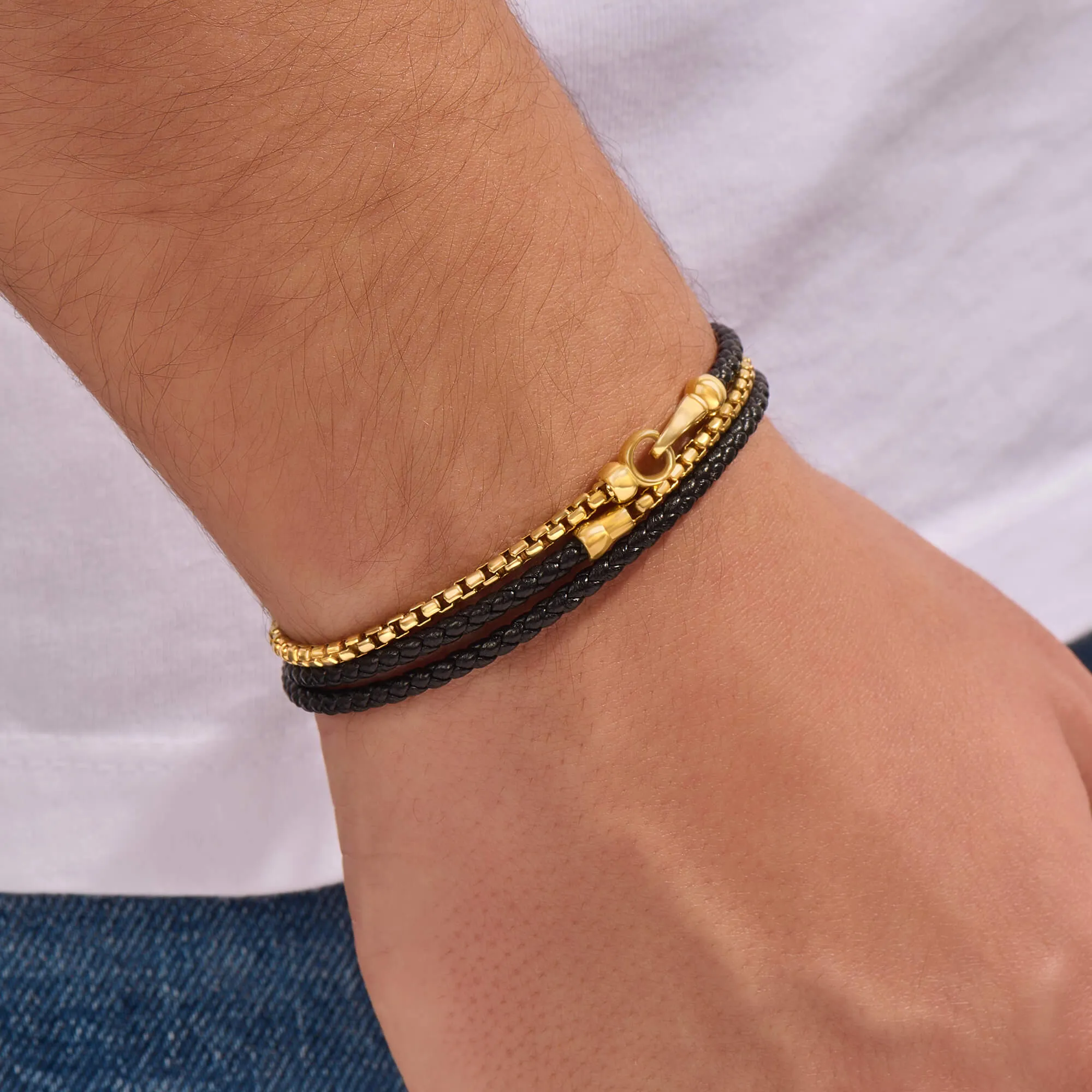 Box Chain & Leather Wrap Bracelet in Gold