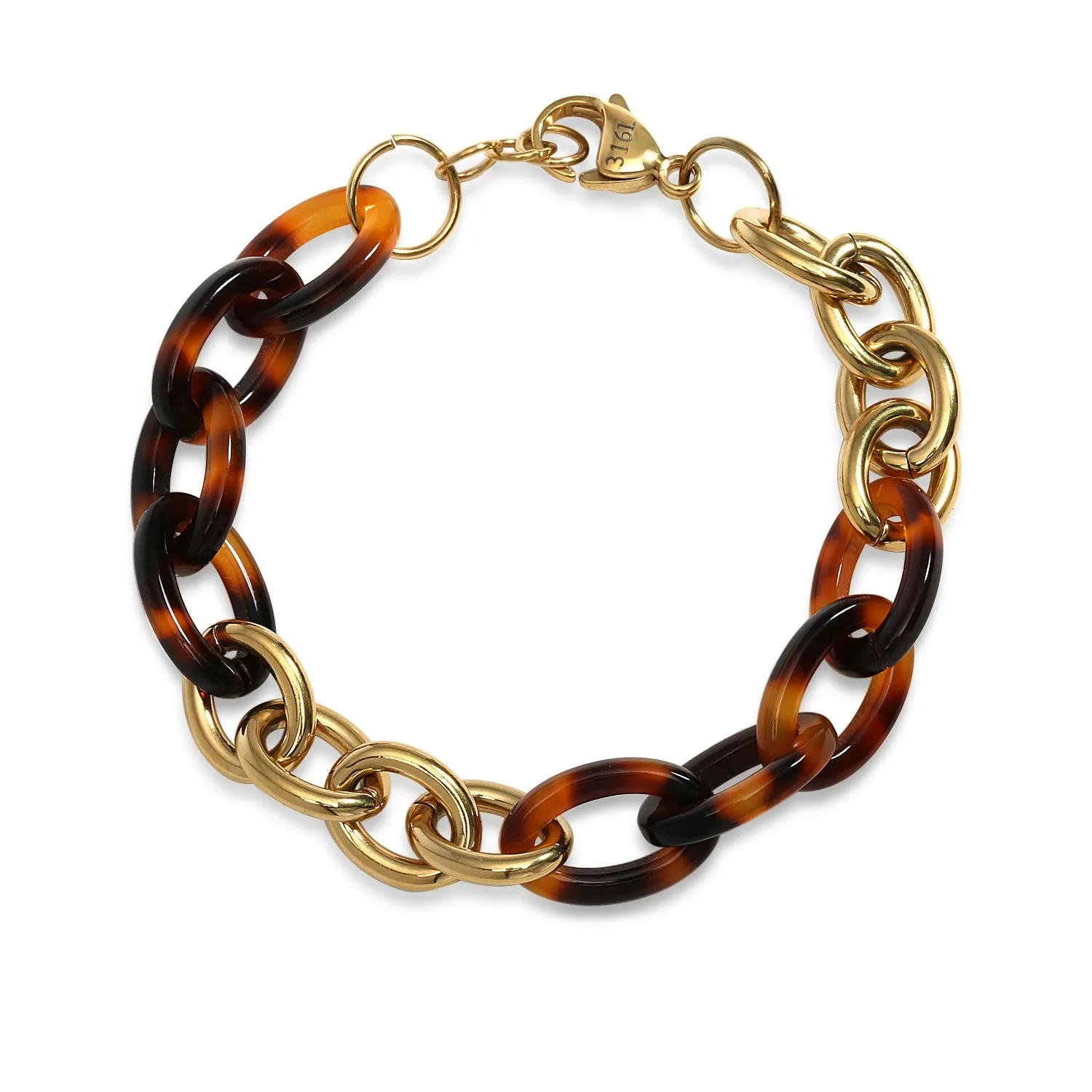 Brown Golden Tortoise Shell Chain Bracelet Gold Plated Stainless Steel Toogle