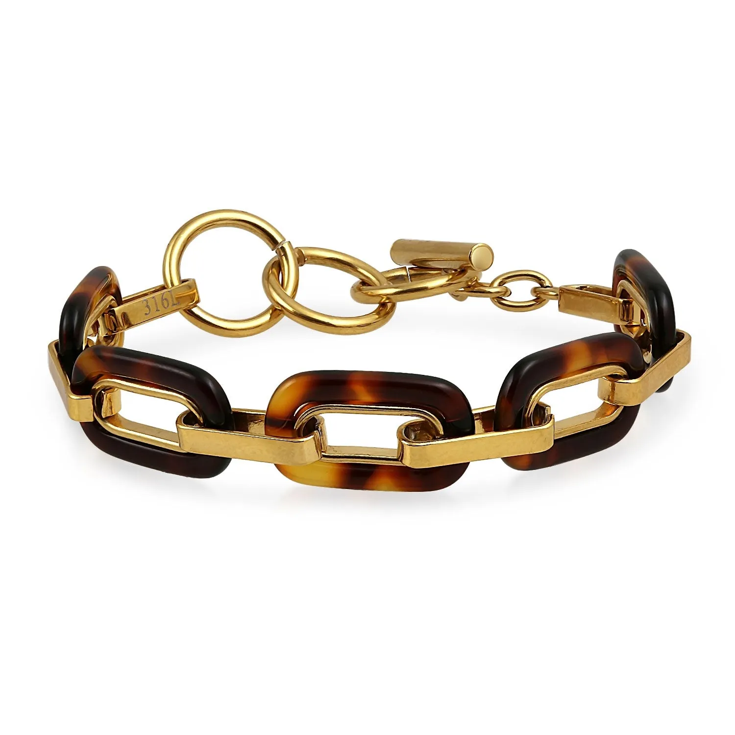 Brown Golden Tortoise Shell Chain Bracelet Gold Plated Stainless Steel Toogle