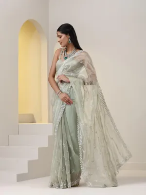 Cat's Eye Sage Organza Saree with Leaf Cut Dana Embroidery also on Blouse Fabric