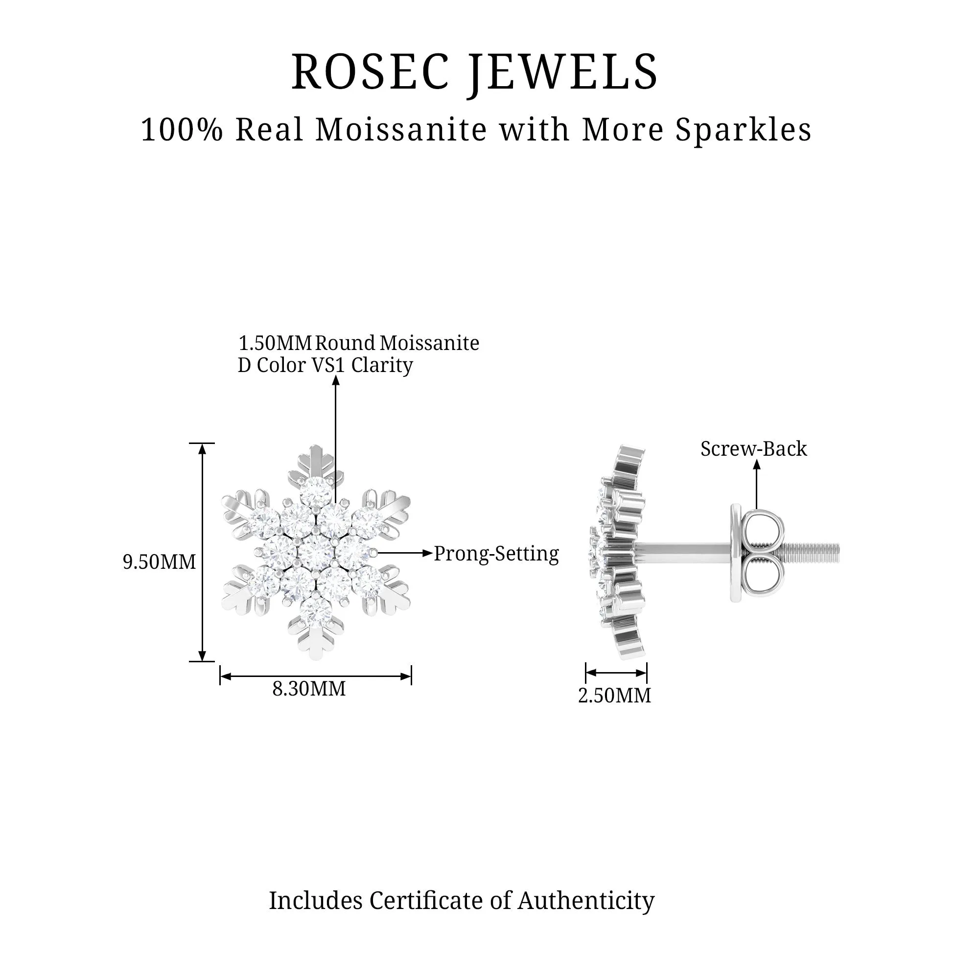 Certified Moissanite Snowflake Stud Earrings