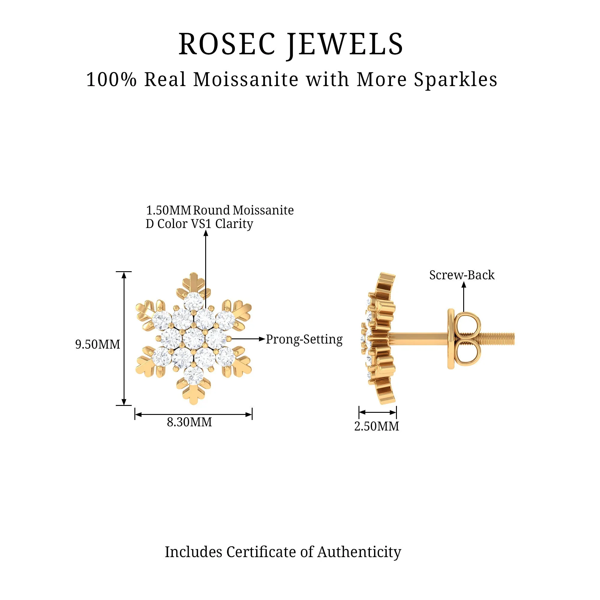 Certified Moissanite Snowflake Stud Earrings