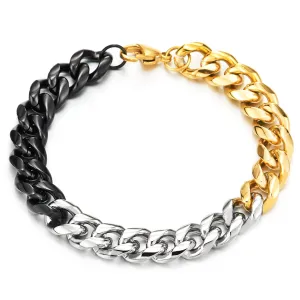 Classic Stainless Steel Curb Chain Bracelet for Men Women Silver Gold Black Tri-color Polished