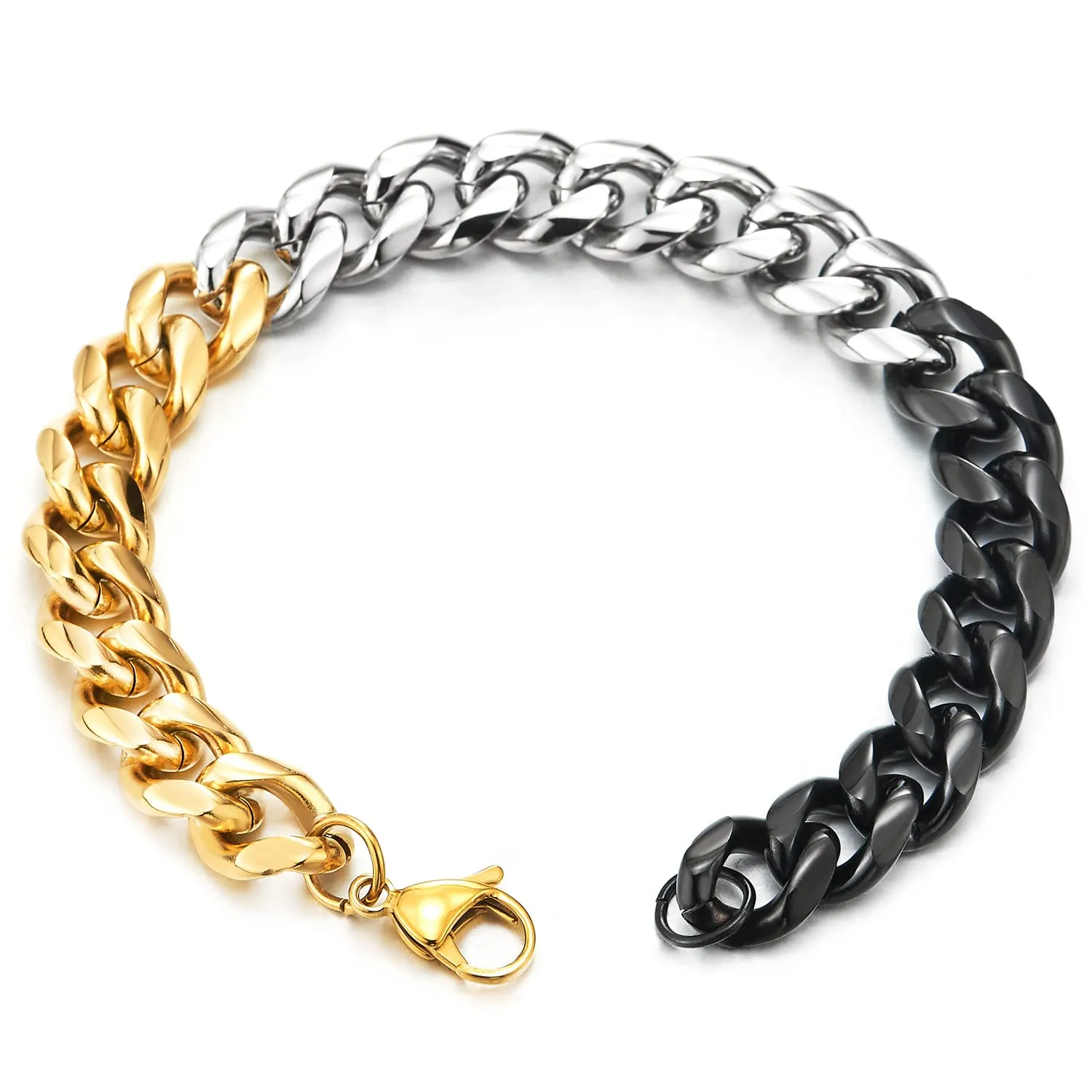 Classic Stainless Steel Curb Chain Bracelet for Men Women Silver Gold Black Tri-color Polished