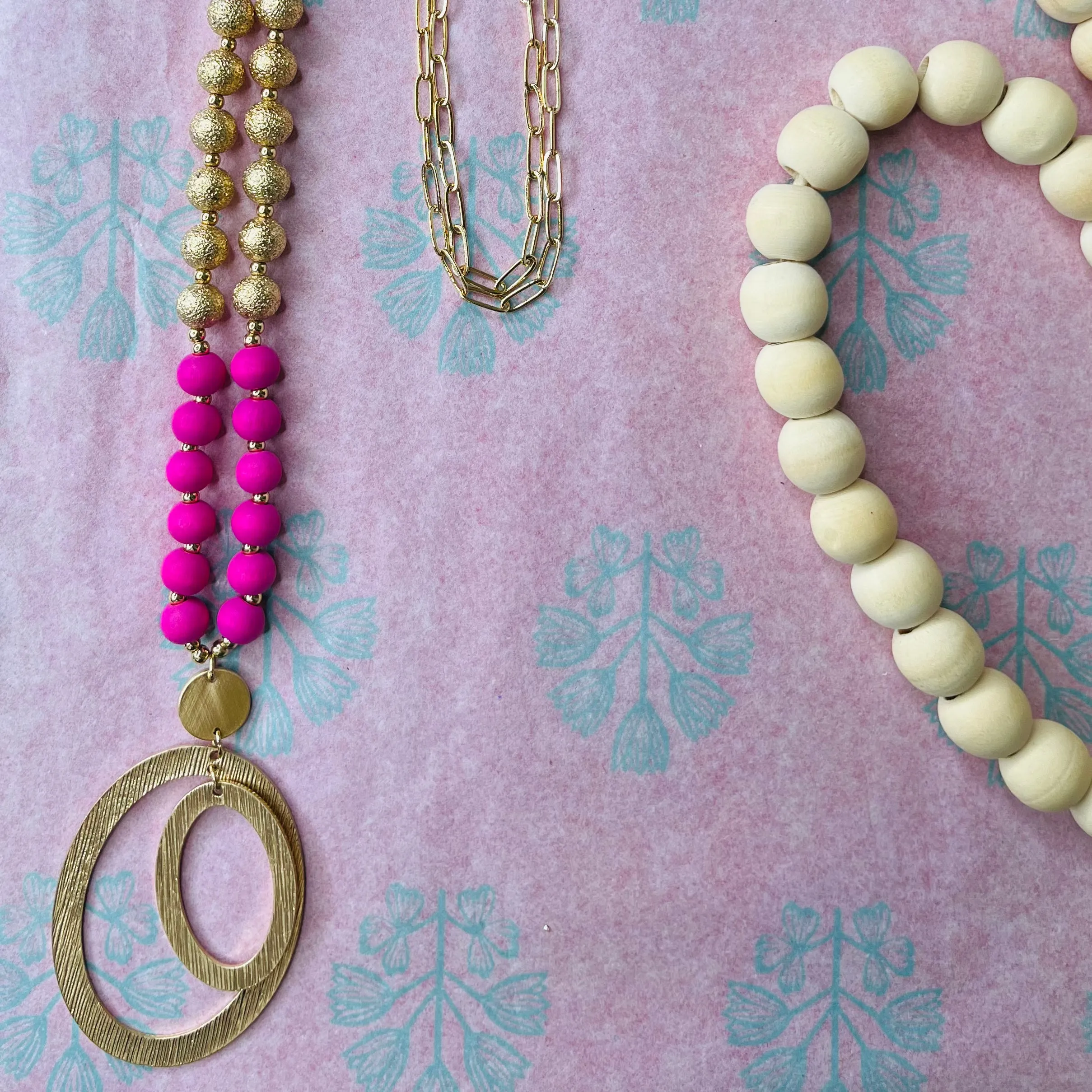 clay bead necklace with gold pendant: pink