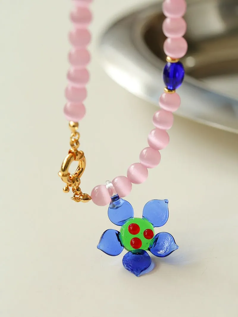 Colorful Cat's Eye Daisy Flower Beaded Necklace