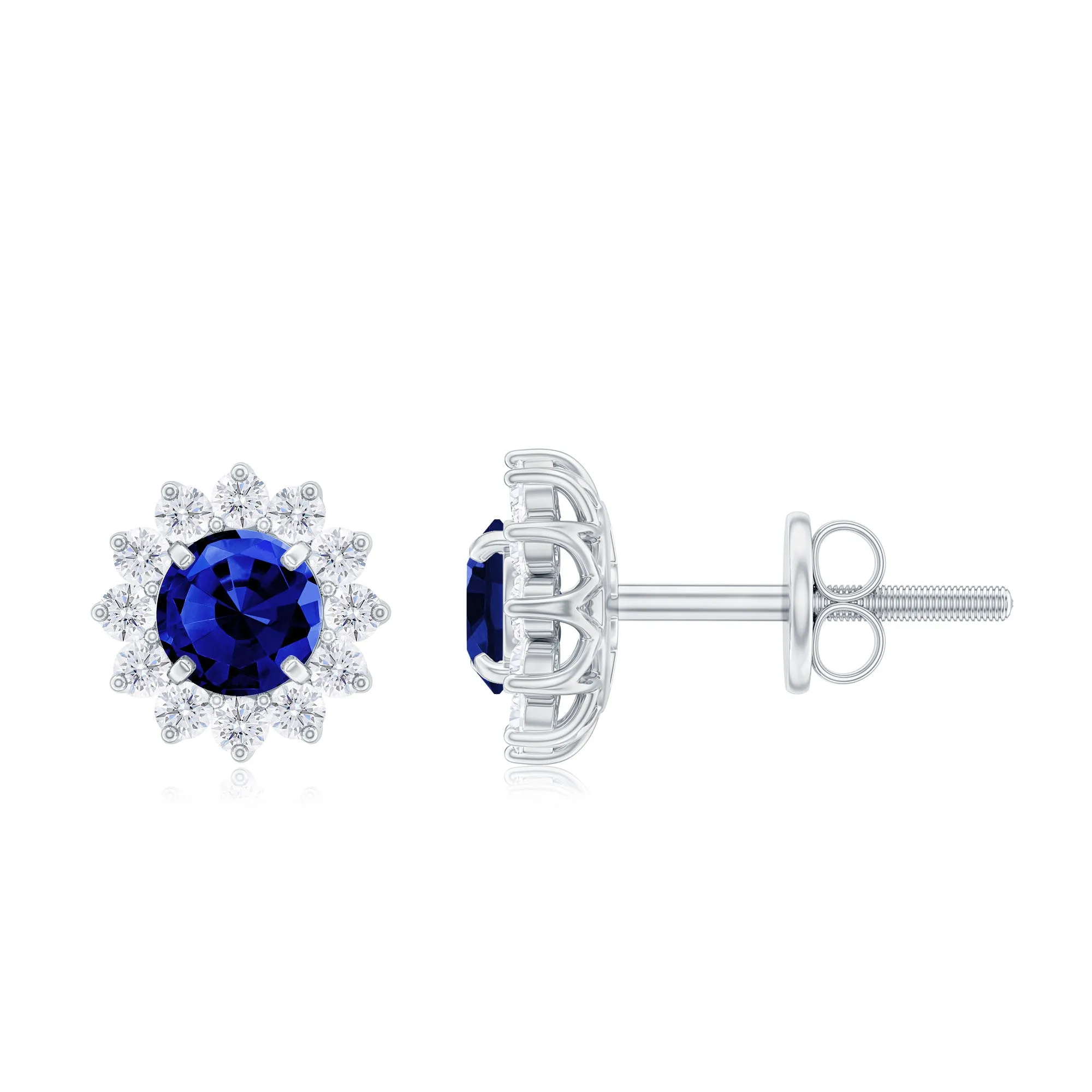 Created Blue Sapphire and Diamond Floral Halo Stud Earrings