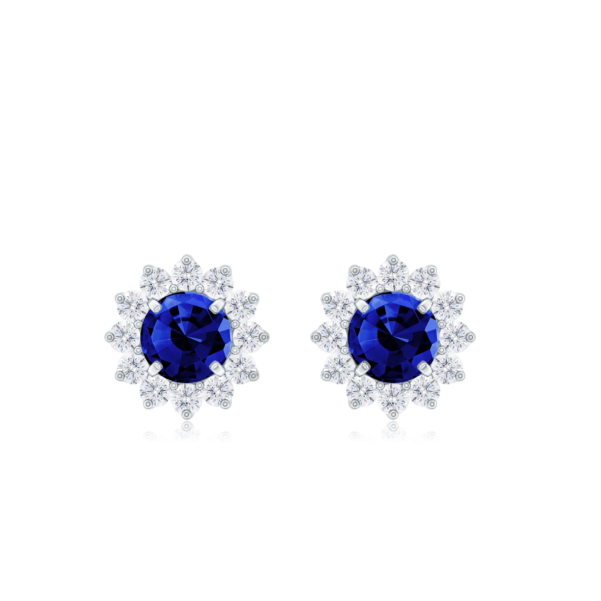 Created Blue Sapphire and Diamond Floral Halo Stud Earrings