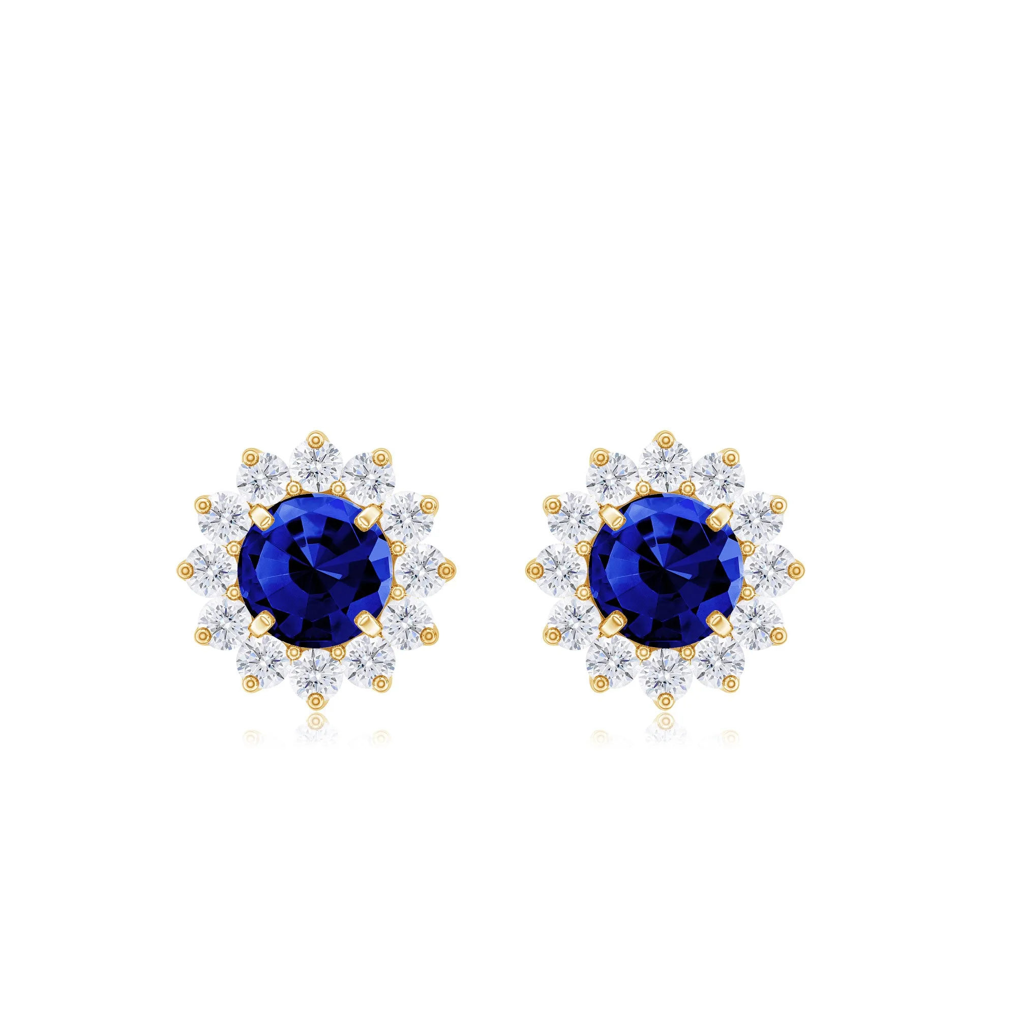 Created Blue Sapphire and Diamond Floral Halo Stud Earrings