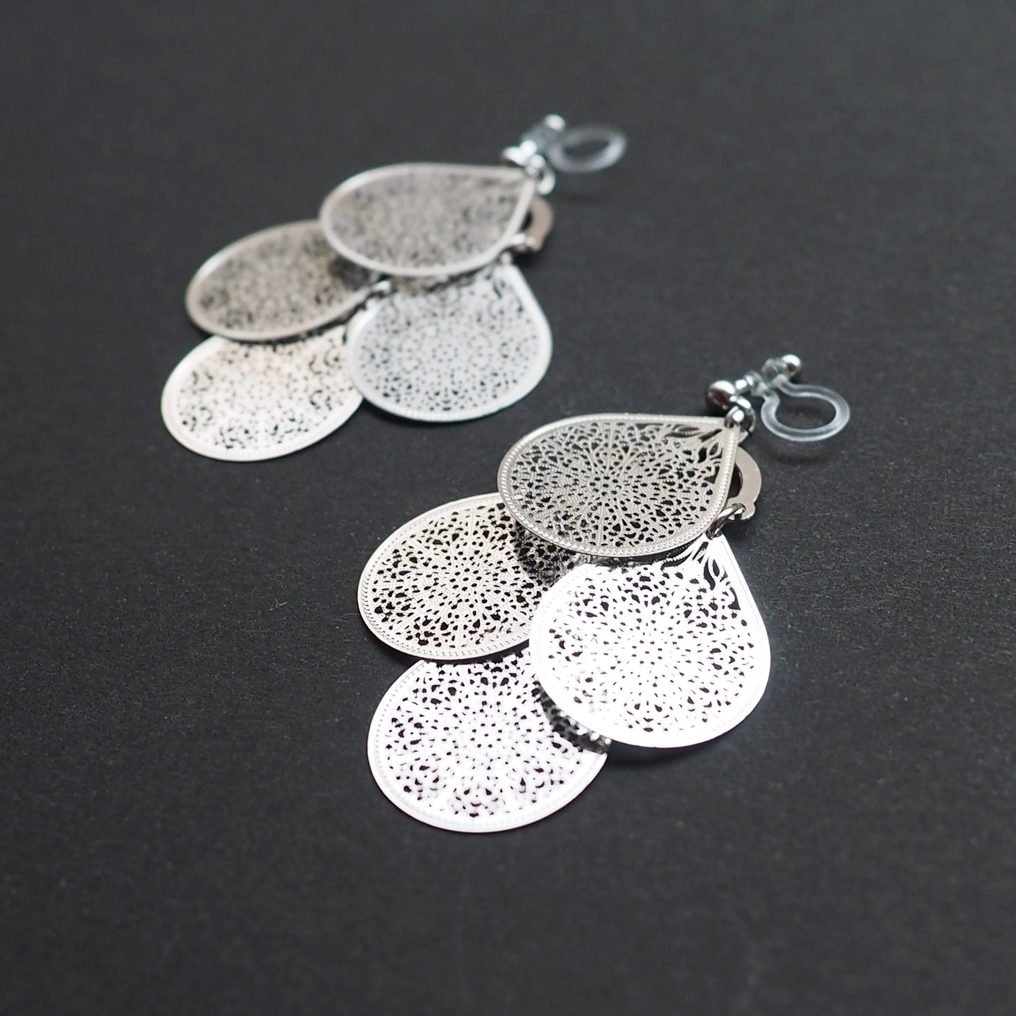 Dangle silver filigree invisible clip on earrings