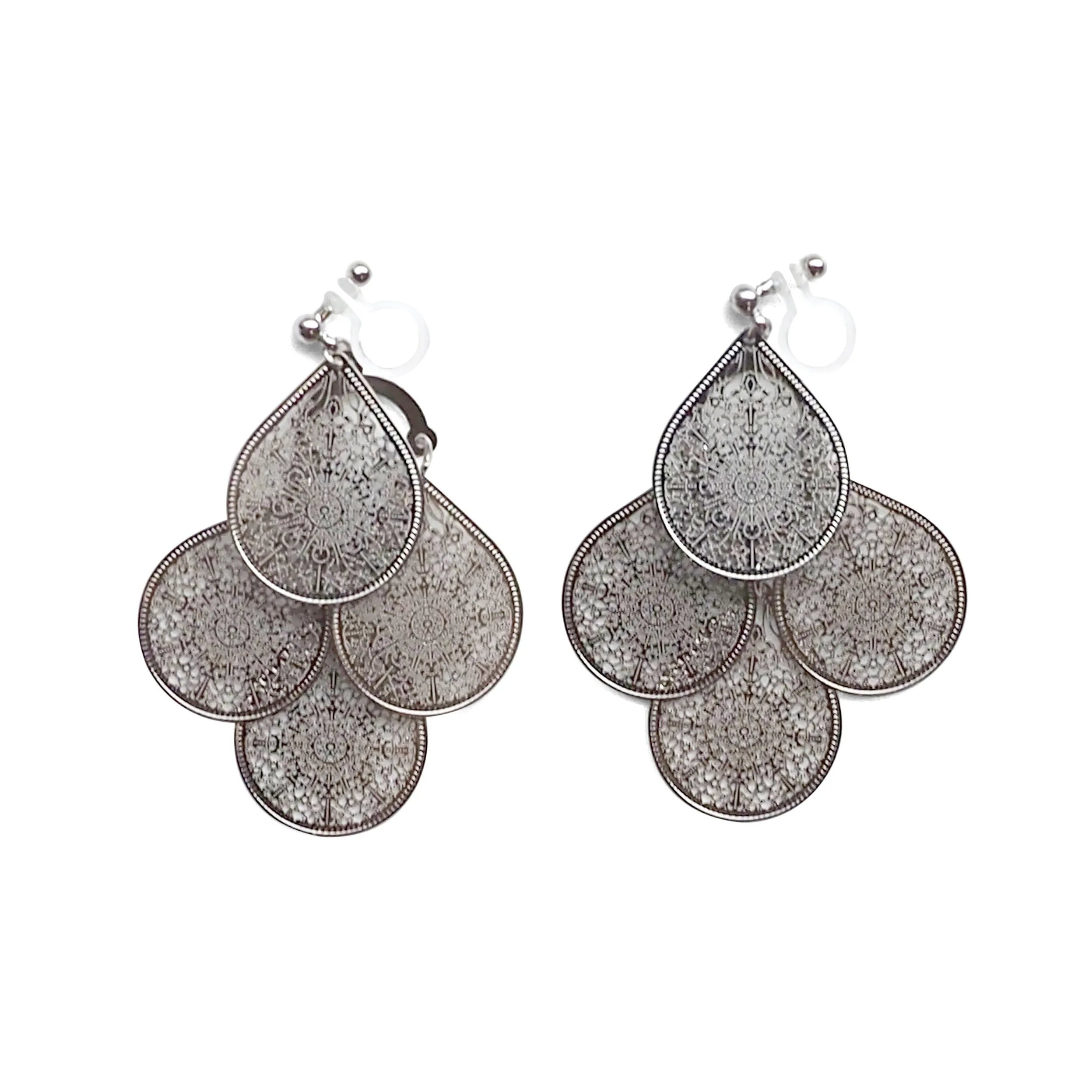 Dangle silver filigree invisible clip on earrings