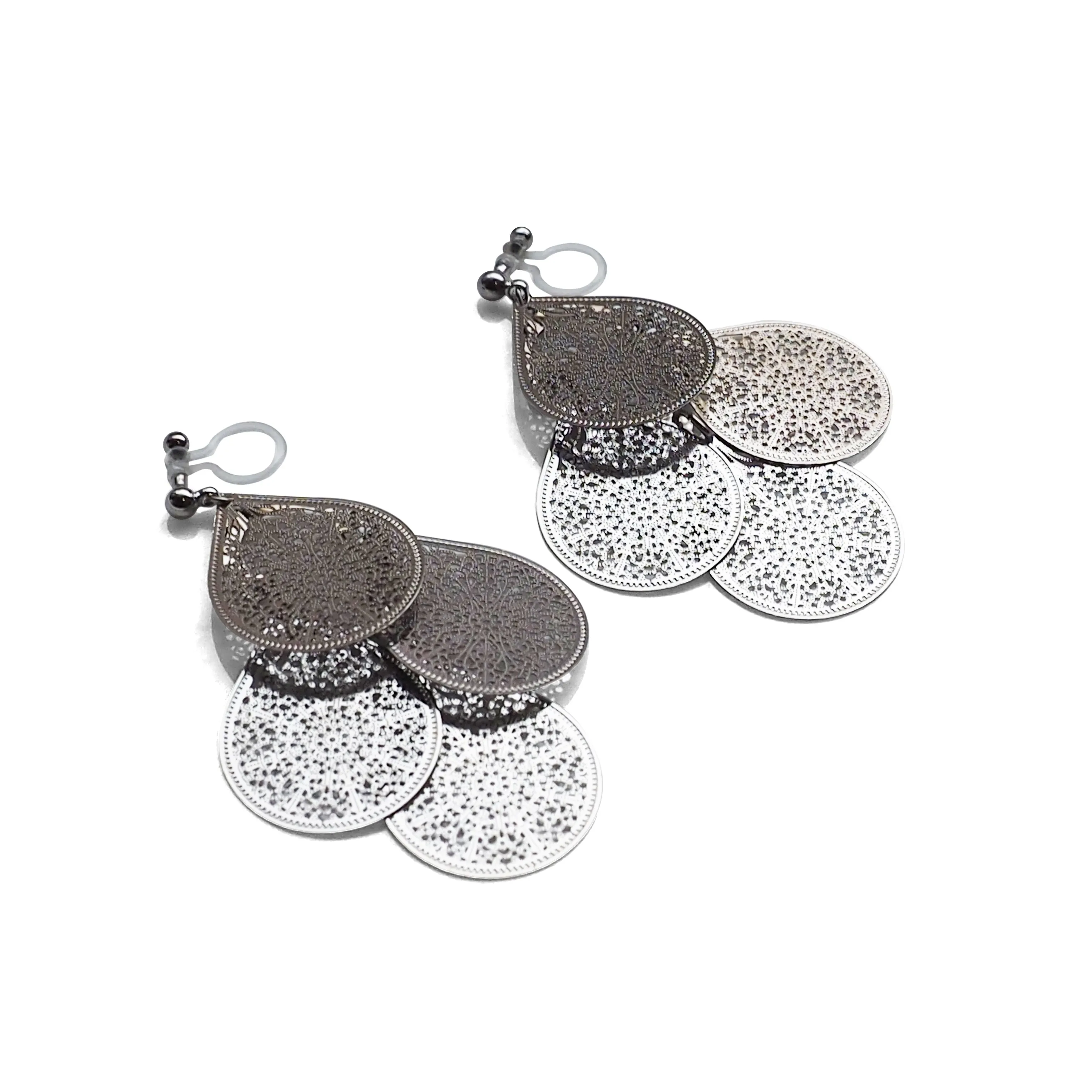 Dangle silver filigree invisible clip on earrings