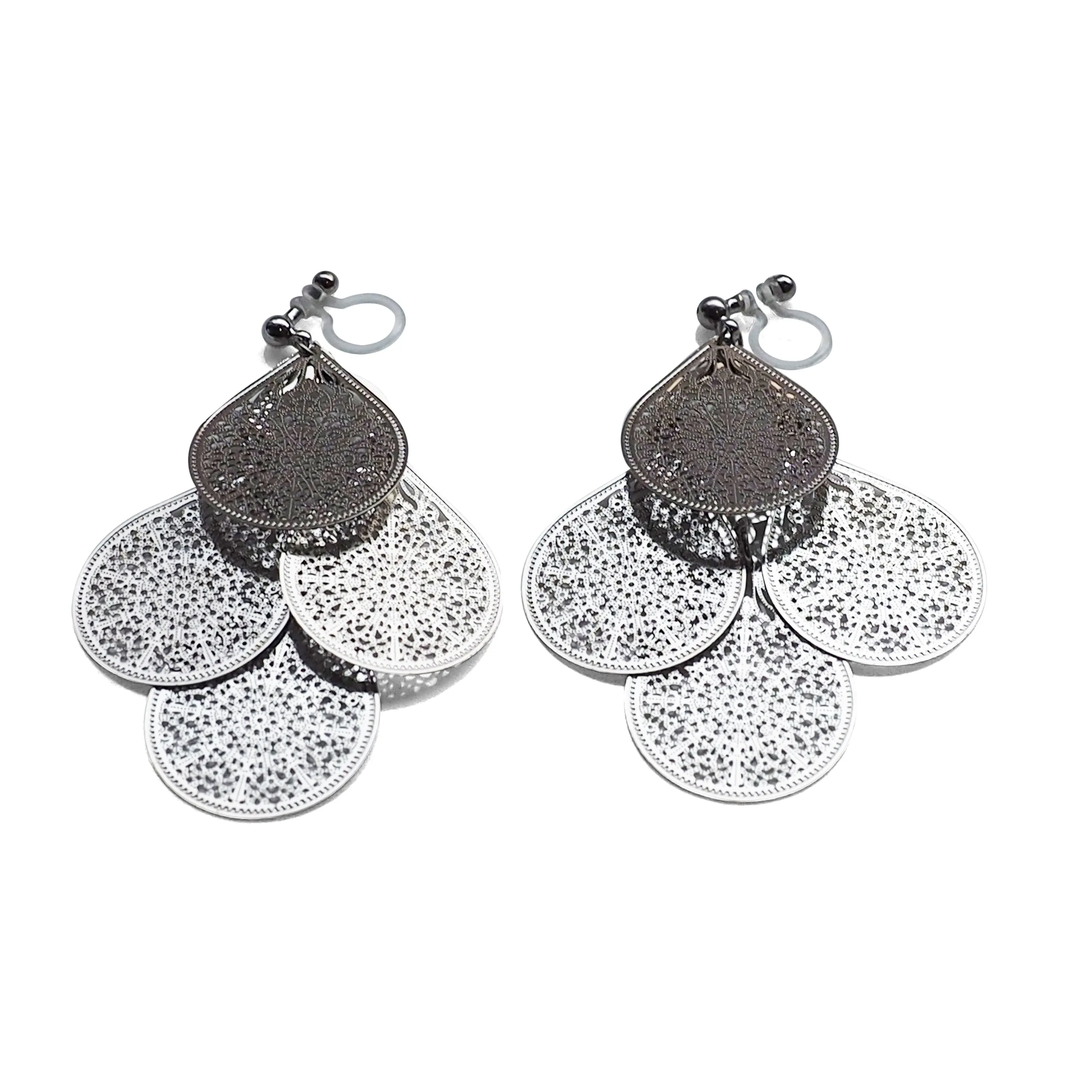 Dangle silver filigree invisible clip on earrings