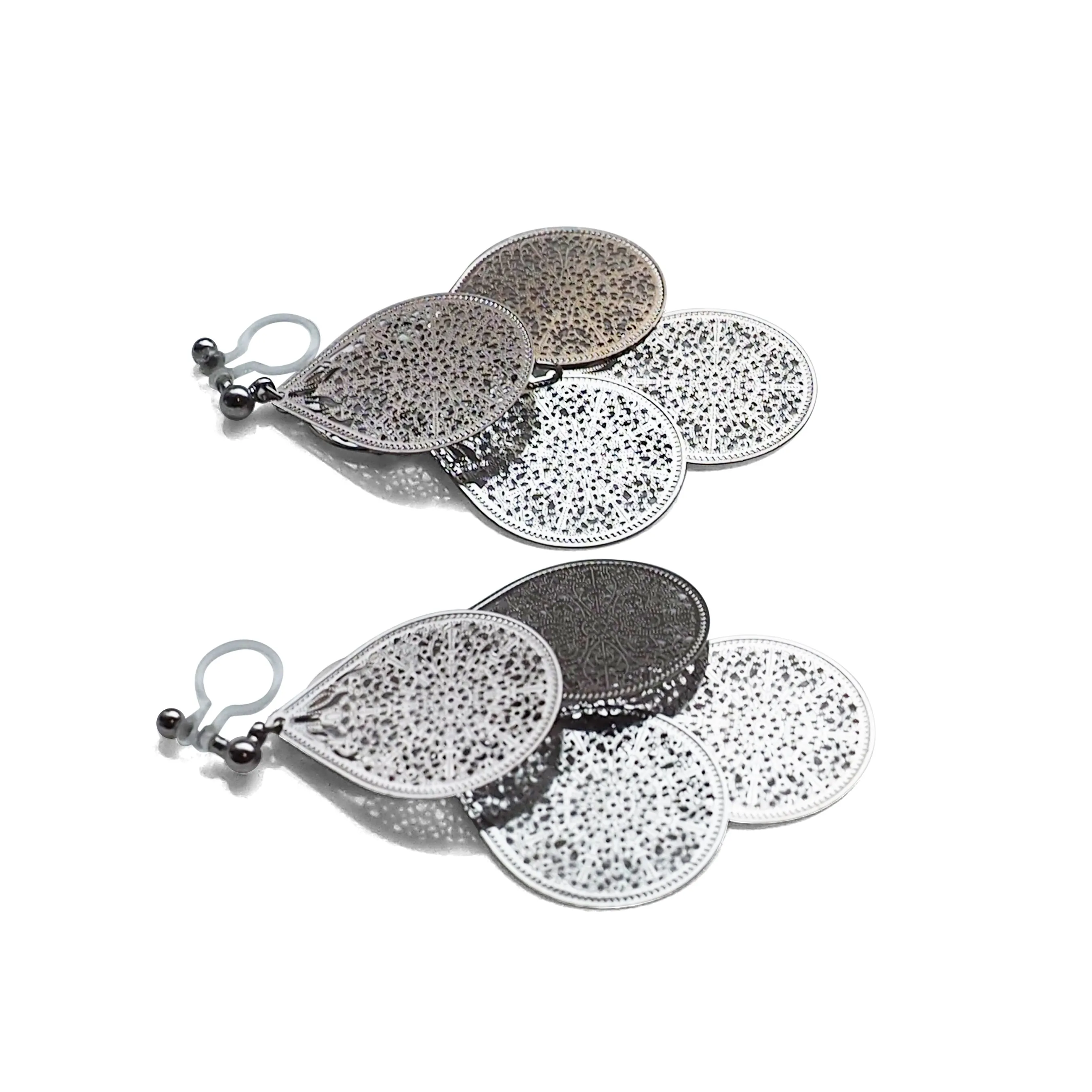 Dangle silver filigree invisible clip on earrings