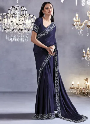 Dark Blue Stone Work Embroidery Wedding Saree