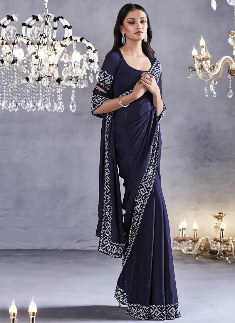 Dark Blue Stone Work Embroidery Wedding Saree