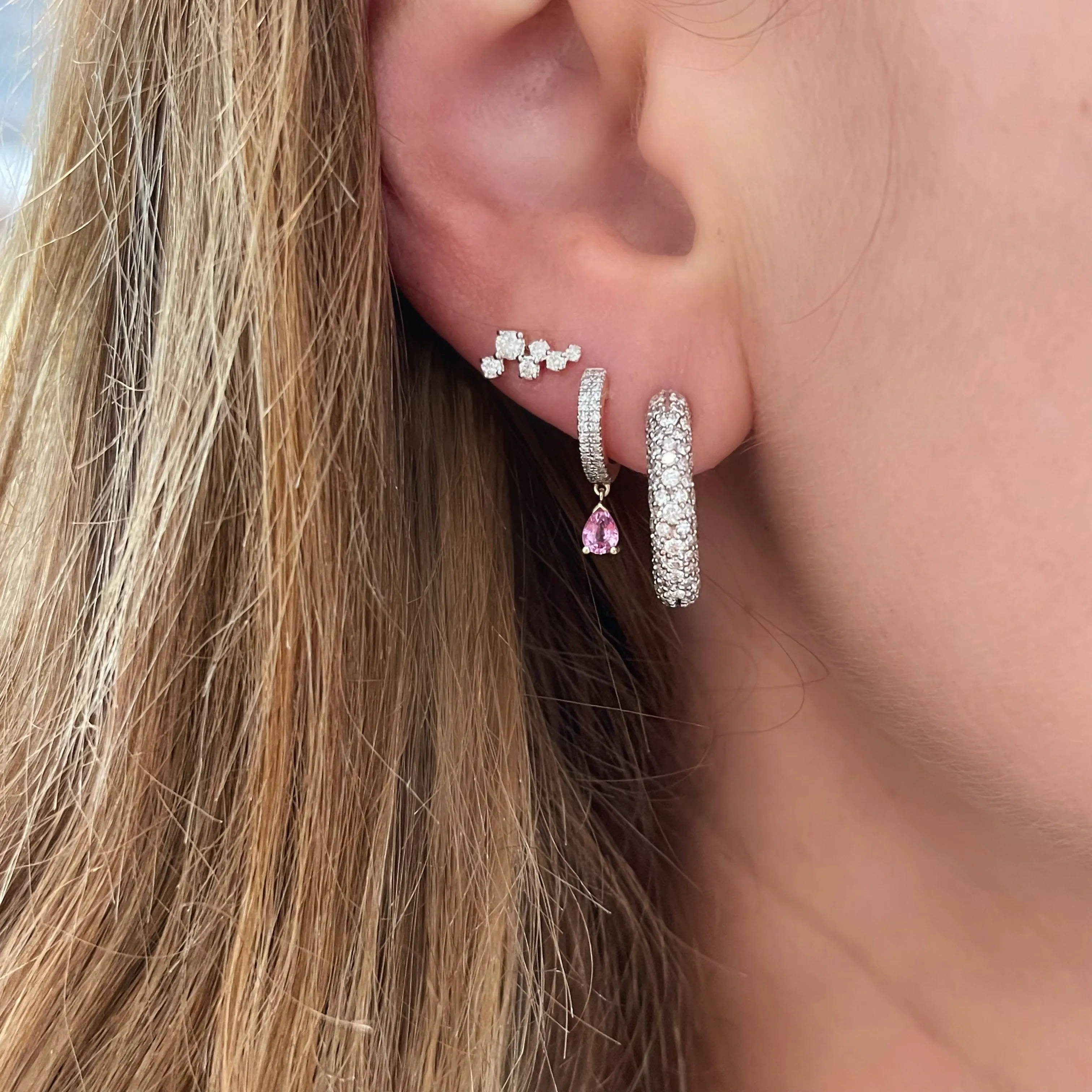 Diamond Huggie Hoops with Pink Sapphire Tear Drop