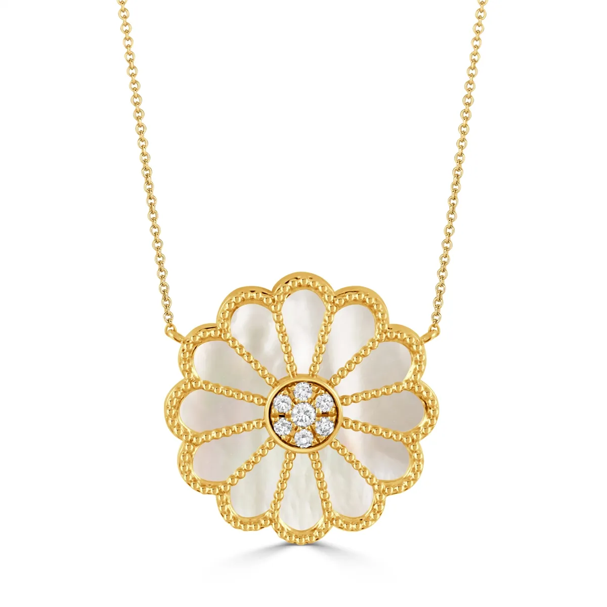 Doves 18K Yellow Gold Mother of Pearl and Diamond Flower Pendant Necklace