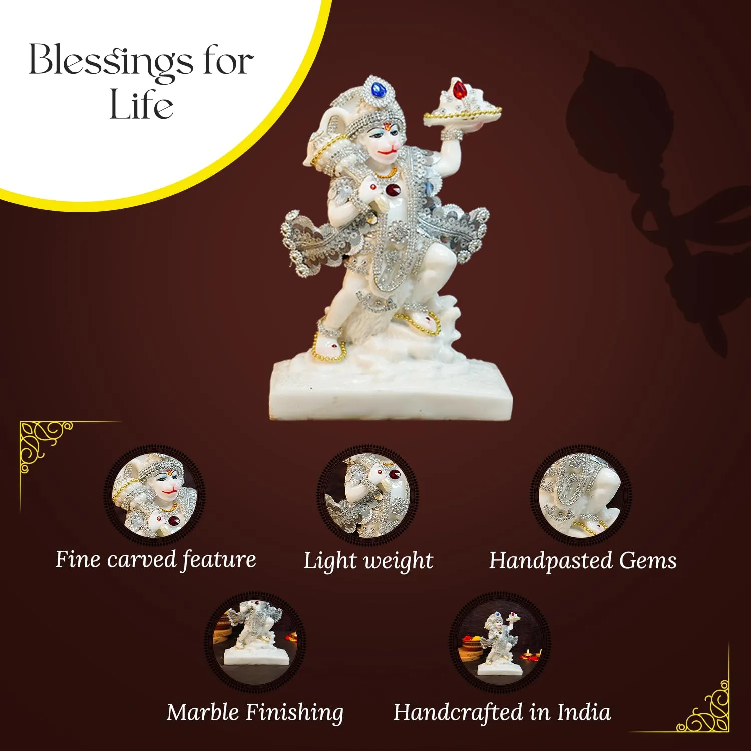 Ekhasa Aura Series Marble Dust Hanuman Ji Murti (8 inch, Medium Size) | Gemstone Zircon Studded Lord Hanuman Idol for Home Decor | Resin Bajrangbali for Puja | Bahubali Hanuman with Gada