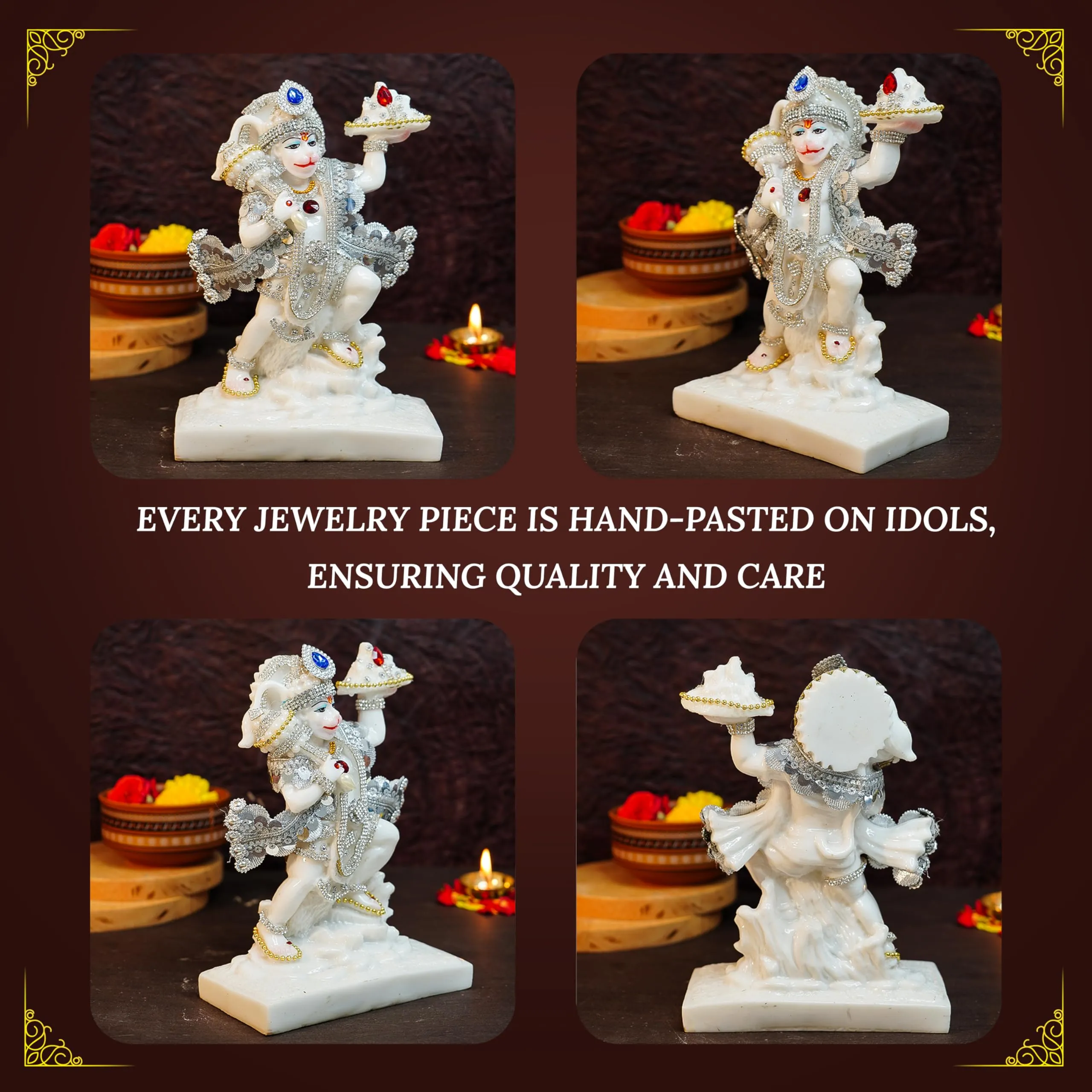 Ekhasa Aura Series Marble Dust Hanuman Ji Murti (8 inch, Medium Size) | Gemstone Zircon Studded Lord Hanuman Idol for Home Decor | Resin Bajrangbali for Puja | Bahubali Hanuman with Gada