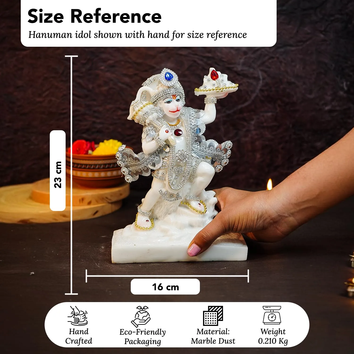 Ekhasa Aura Series Marble Dust Hanuman Ji Murti (8 inch, Medium Size) | Gemstone Zircon Studded Lord Hanuman Idol for Home Decor | Resin Bajrangbali for Puja | Bahubali Hanuman with Gada