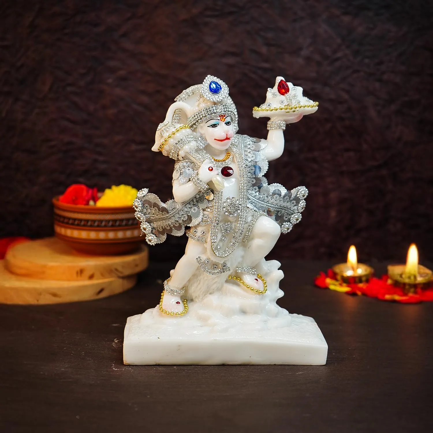 Ekhasa Aura Series Marble Dust Hanuman Ji Murti (8 inch, Medium Size) | Gemstone Zircon Studded Lord Hanuman Idol for Home Decor | Resin Bajrangbali for Puja | Bahubali Hanuman with Gada