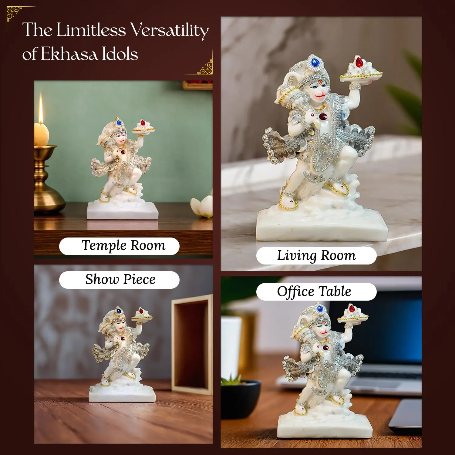 Ekhasa Aura Series Marble Dust Hanuman Ji Murti (8 inch, Medium Size) | Gemstone Zircon Studded Lord Hanuman Idol for Home Decor | Resin Bajrangbali for Puja | Bahubali Hanuman with Gada