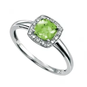 Elements Gold 9CT White Gold Cushion Cut Peridot Pave Diamond Ring GR509G